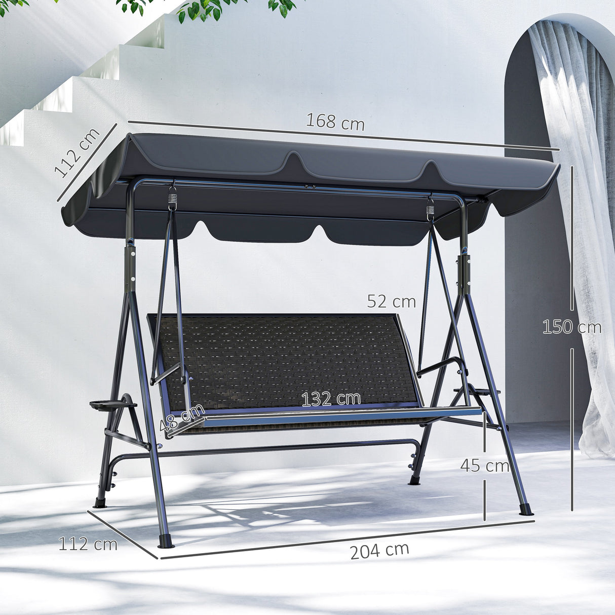 Steel 3 Seater Garden Swing Chair Bench With Adjustable Canopy And Rattan Seat - Velmora