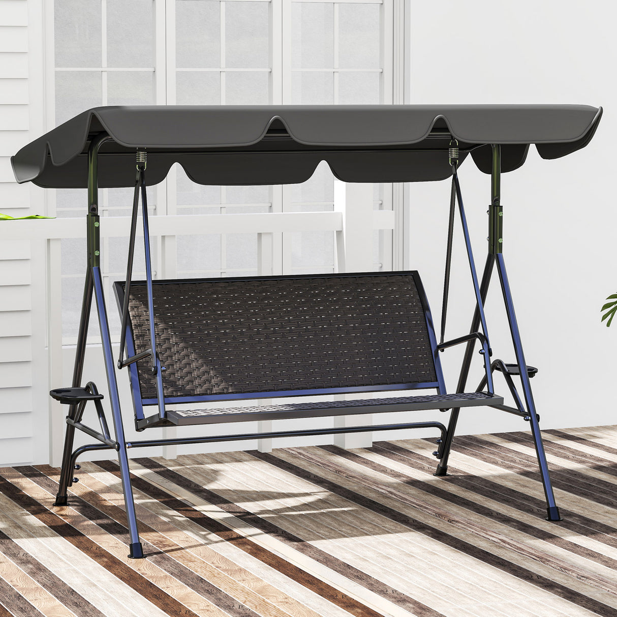 Steel 3 Seater Garden Swing Chair Bench With Adjustable Canopy - Velmora