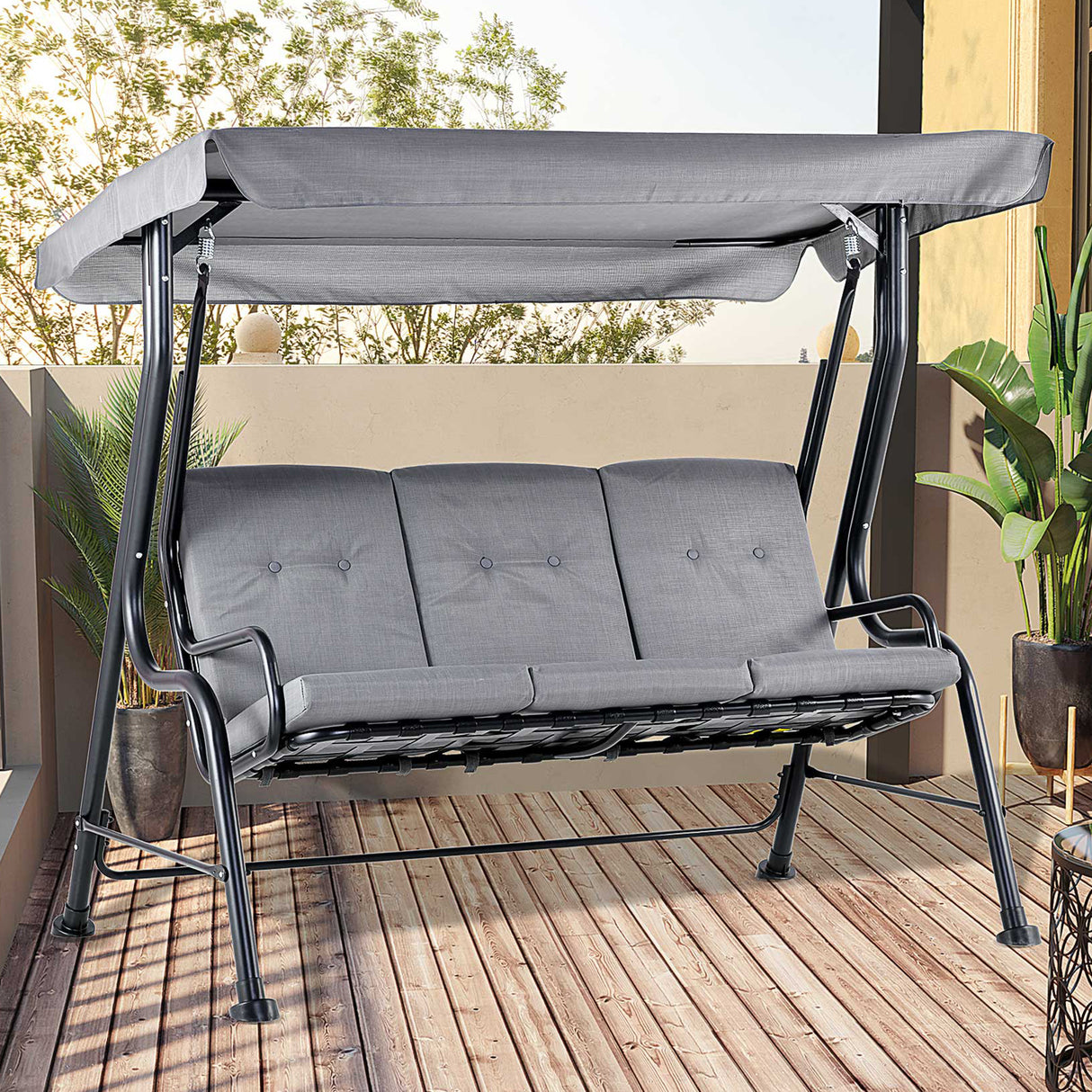 Steel 3 Seater Garden Swing Chair Bench With Adjustable Waterproof Canopy - Velmora