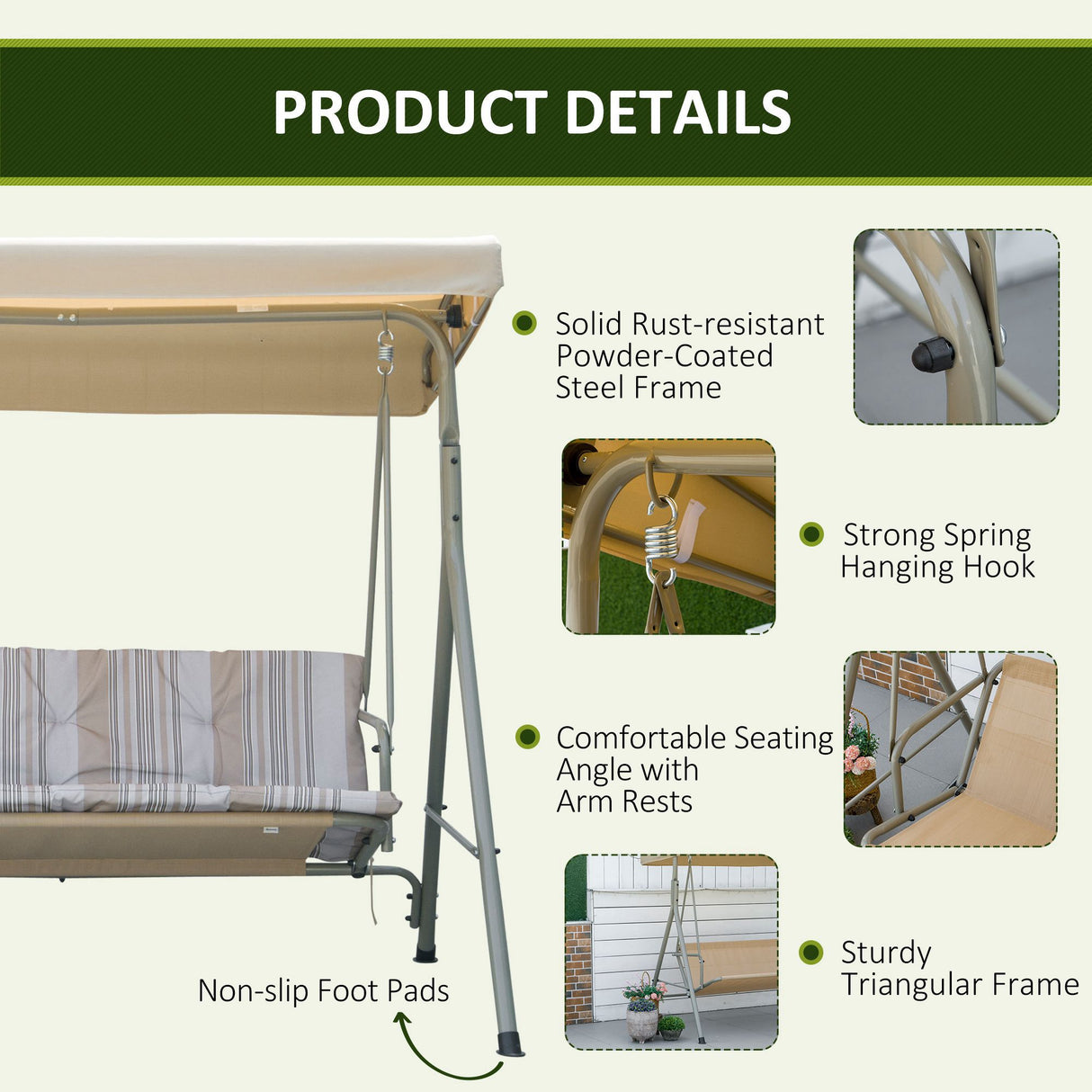 Steel 3 Seater Garden Swing Seat Bench With Canopy - Velmora
