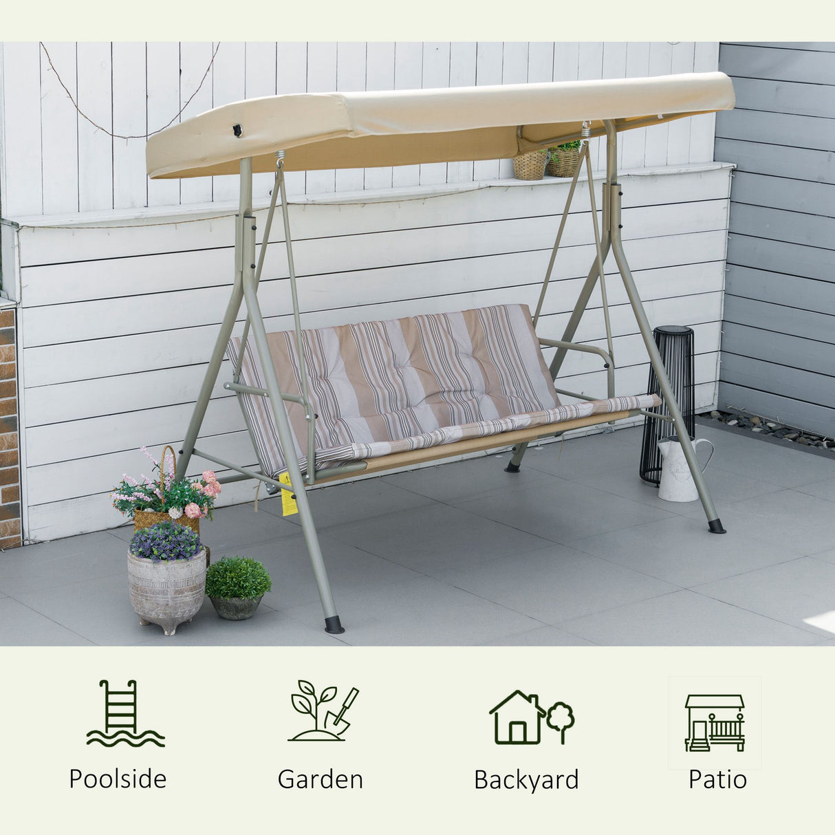 Steel 3 Seater Garden Swing Seat Bench With Canopy - Velmora