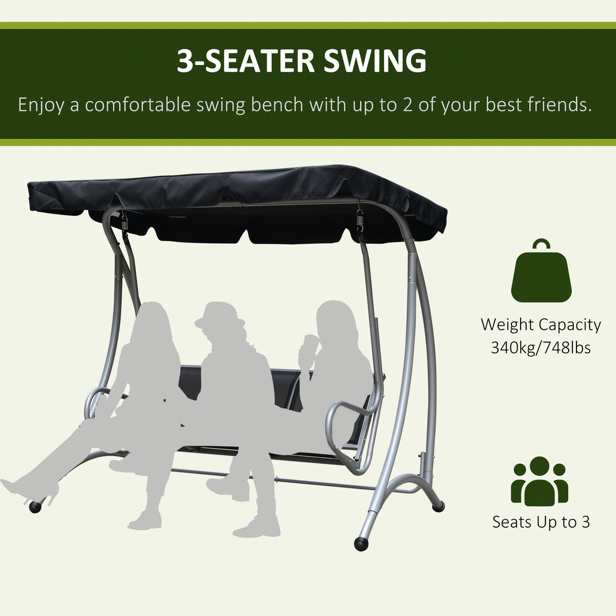 Steel 3 Seater Outdoor Porch Swing Chair Bench With Canopy - Velmora