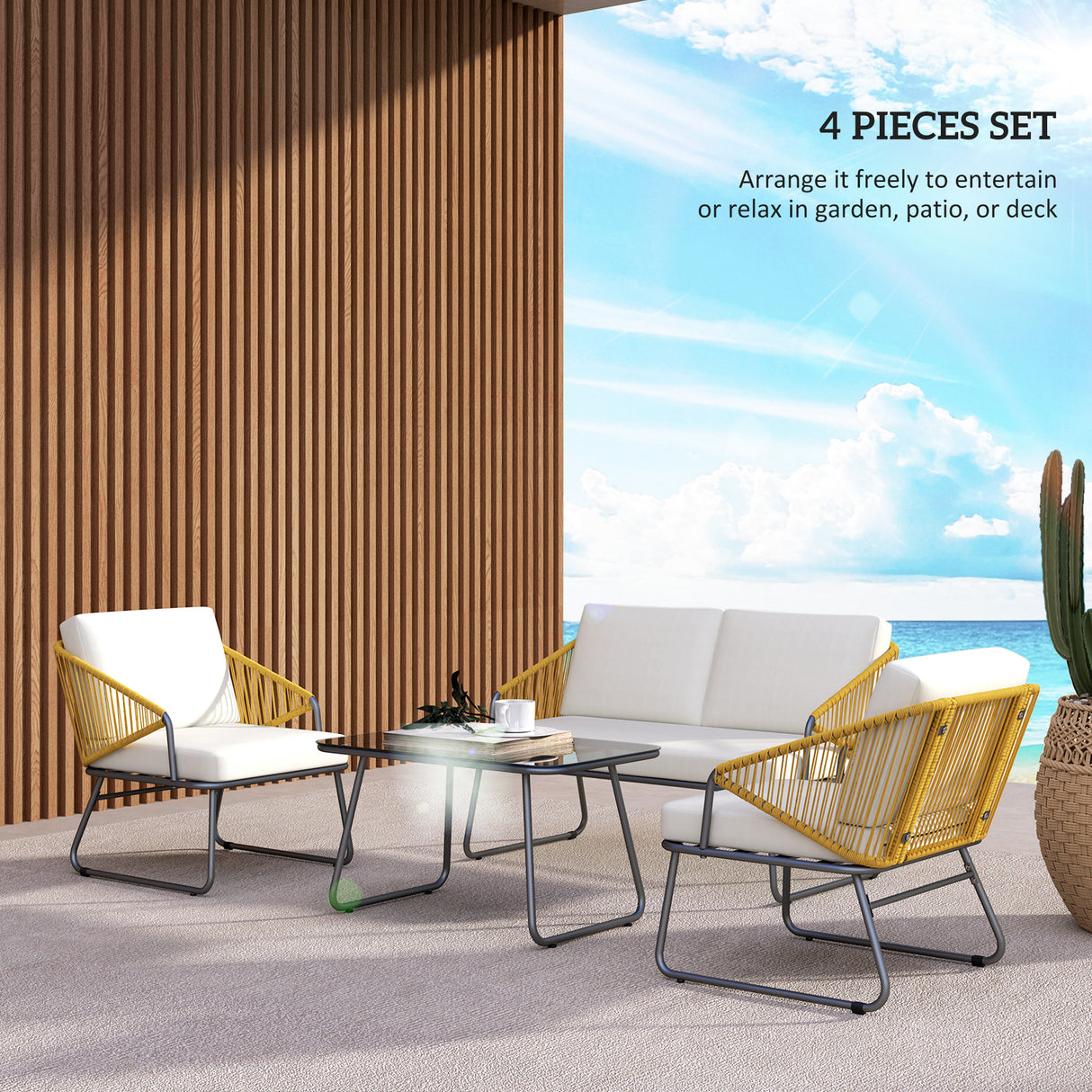 Steel 4 Pieces Outdoor Garden Sofa Set With Glass Top Coffee Table - Velmora