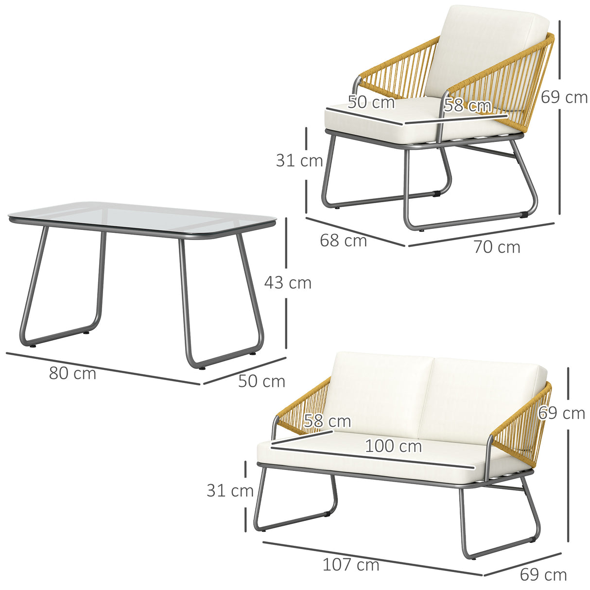 Steel 4 Pieces Outdoor Garden Sofa Set With Glass Top Coffee Table - Velmora