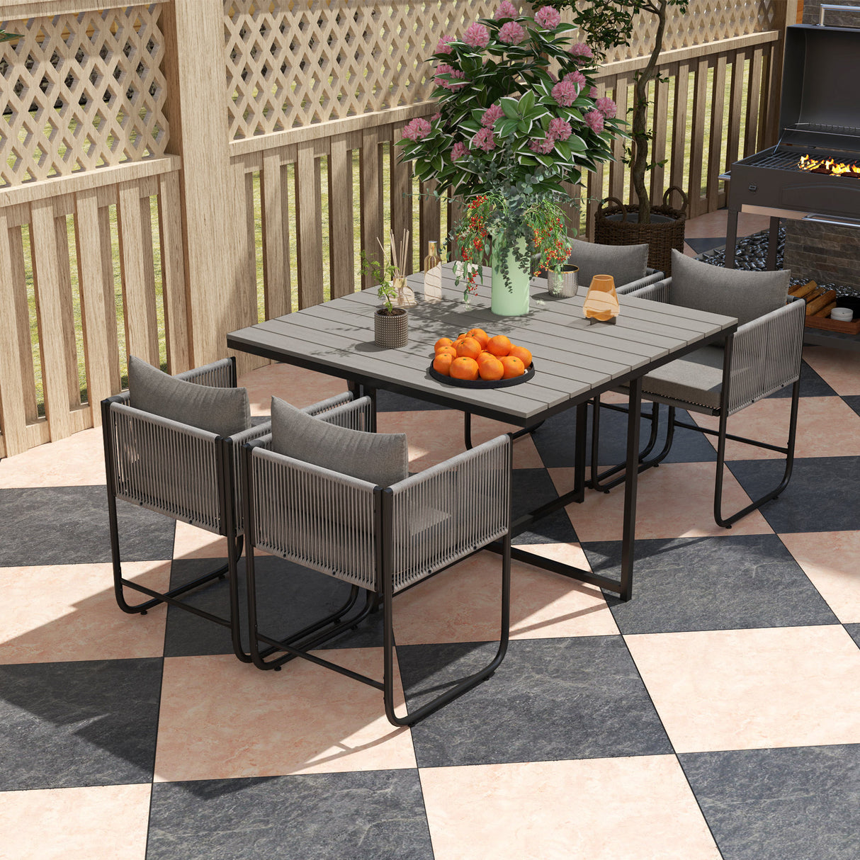 Steel 4 Seater Garden Dining Set With Rattan Cube Armchairs And Slatted Table - Velmora
