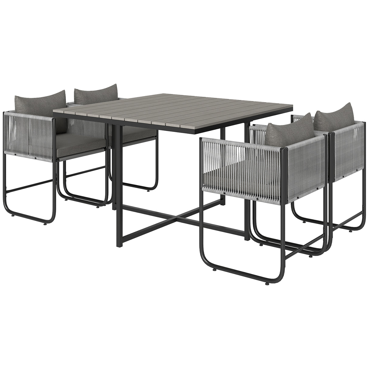 Steel 4 Seater Garden Dining Set With Rattan Cube Armchairs And Slatted Table - Velmora
