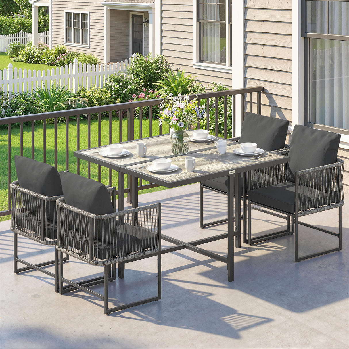 Steel 4 Seater Garden Dining Set With Rattan Cube Armchairs - Velmora