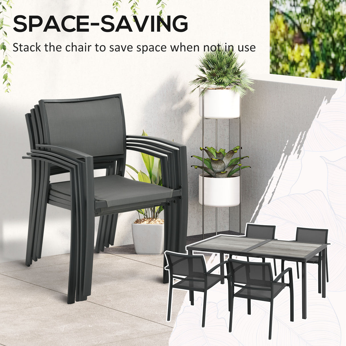 Steel 5 Pieces Casual Garden Dining Set With Rectangular Wood Effect Table - Velmora