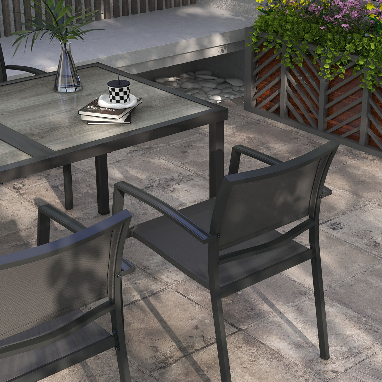 Steel 5 Pieces Casual Garden Dining Set With Rectangular Wood Effect Table - Velmora