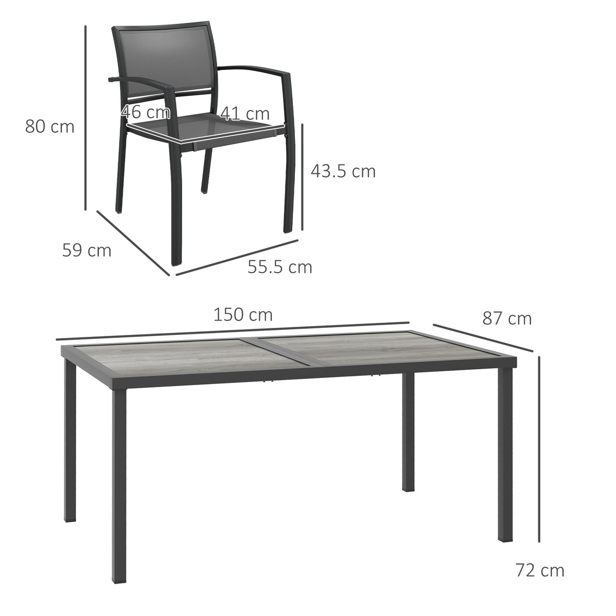 Steel 5 Pieces Casual Garden Dining Set With Rectangular Wood Effect Table - Velmora