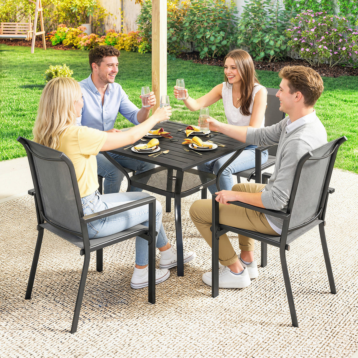 Steel 5 Pieces Garden Dining Set for 4 People With Stackable Chairs - Velmora