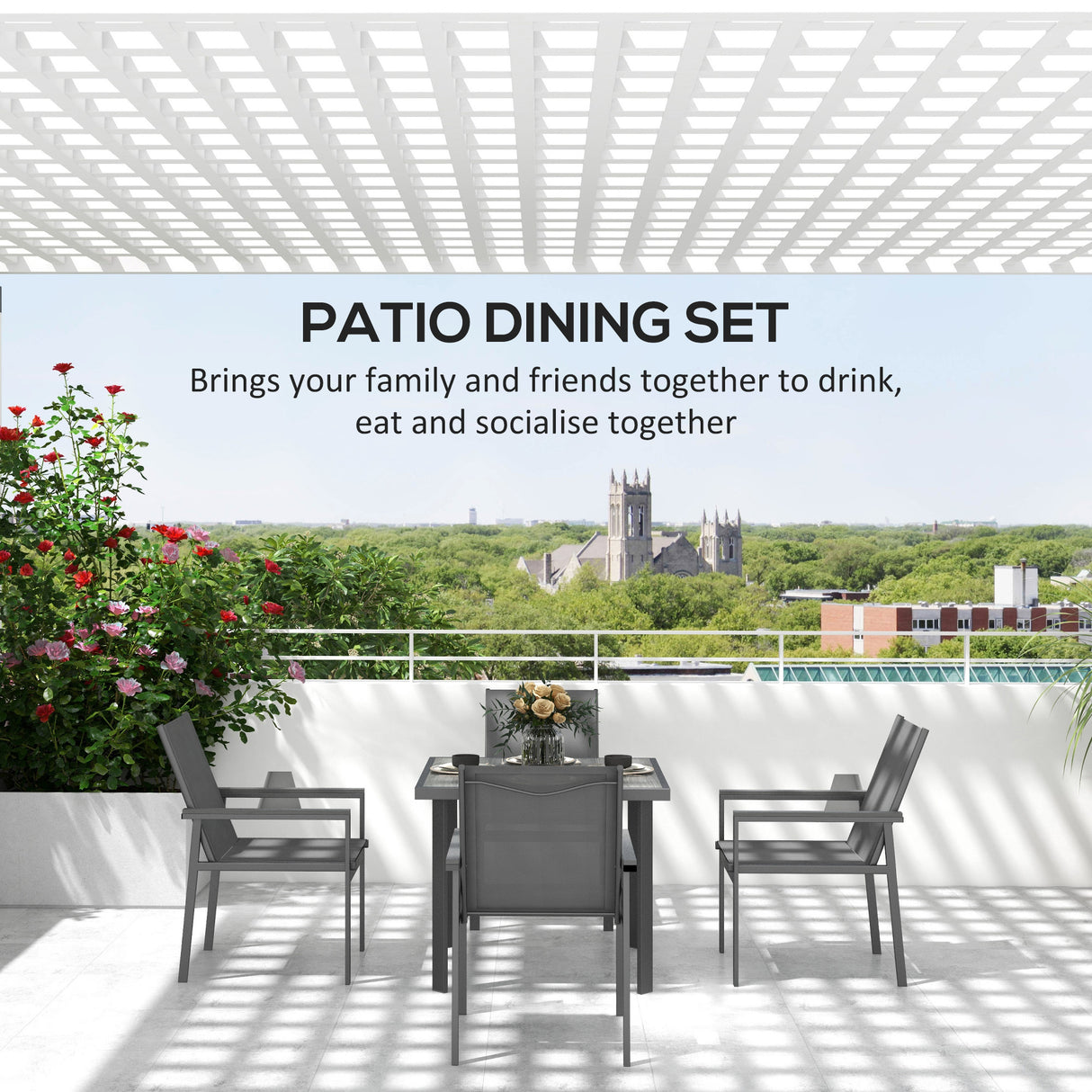 Steel 5 Pieces Garden Dining Set With Glass Top Table And Parasol Hole - Velmora