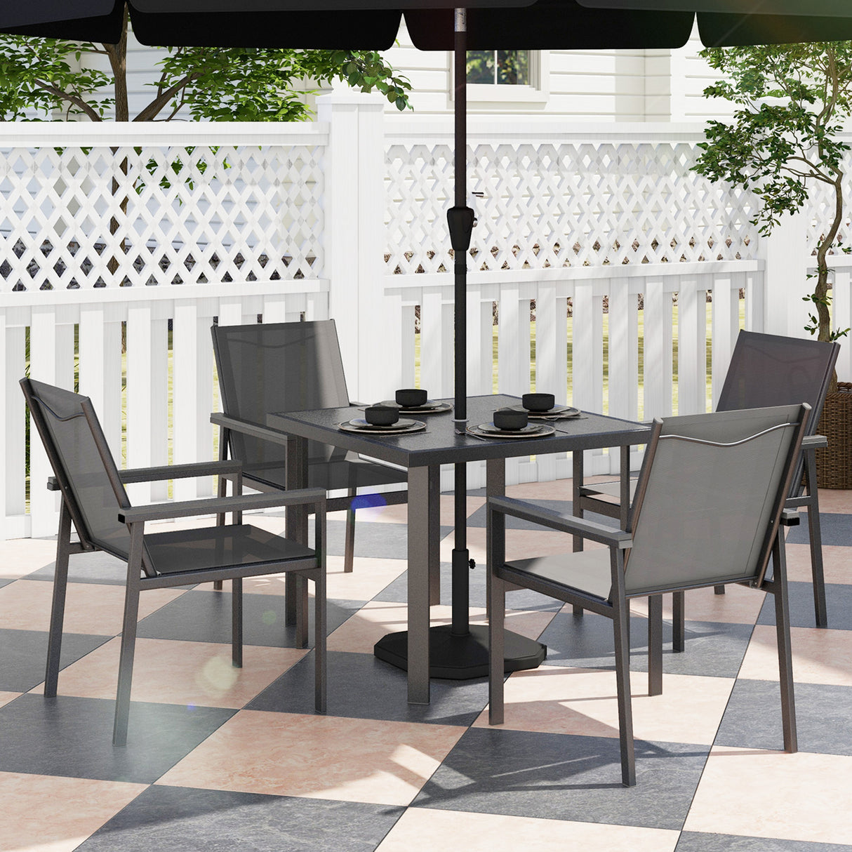 Steel 5 Pieces Garden Dining Set With Glass Top Table And Parasol Hole - Velmora