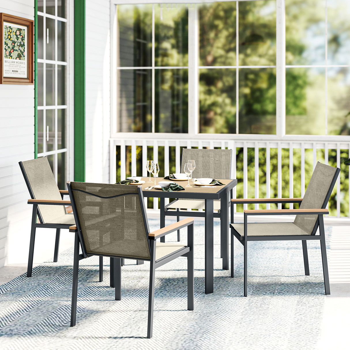 Steel 5 Pieces Garden Dining Set With Glass Top Table And Parasol Hole - Velmora