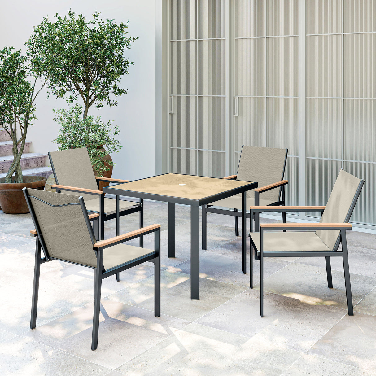 Steel 5 Pieces Garden Dining Set With Glass Top Table And Parasol Hole - Velmora