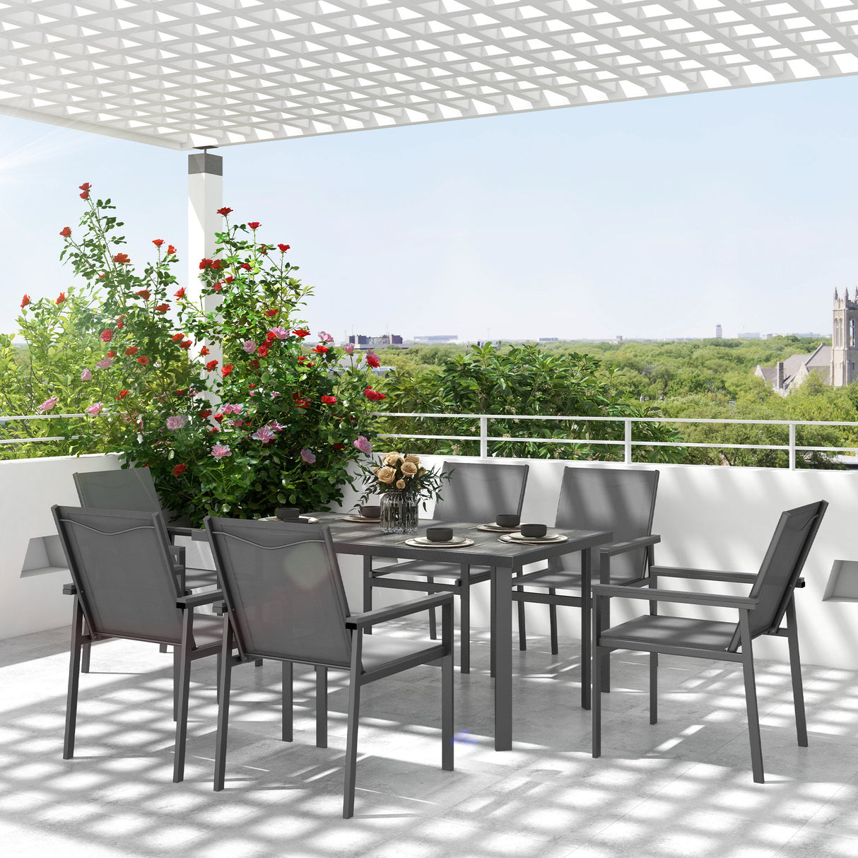 Steel 5 Pieces Garden Dining Set With Glass Top Table And Parasol Hole - Velmora