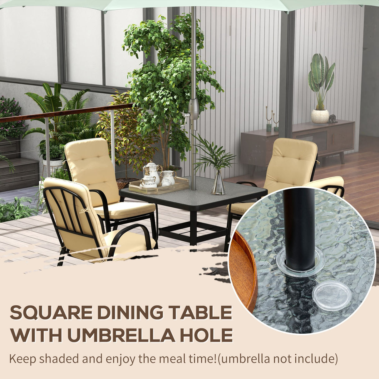 Steel 5 Pieces Garden Dining Set Square With 4 Cushioned Armchairs And Umbrella Hole - Velmora