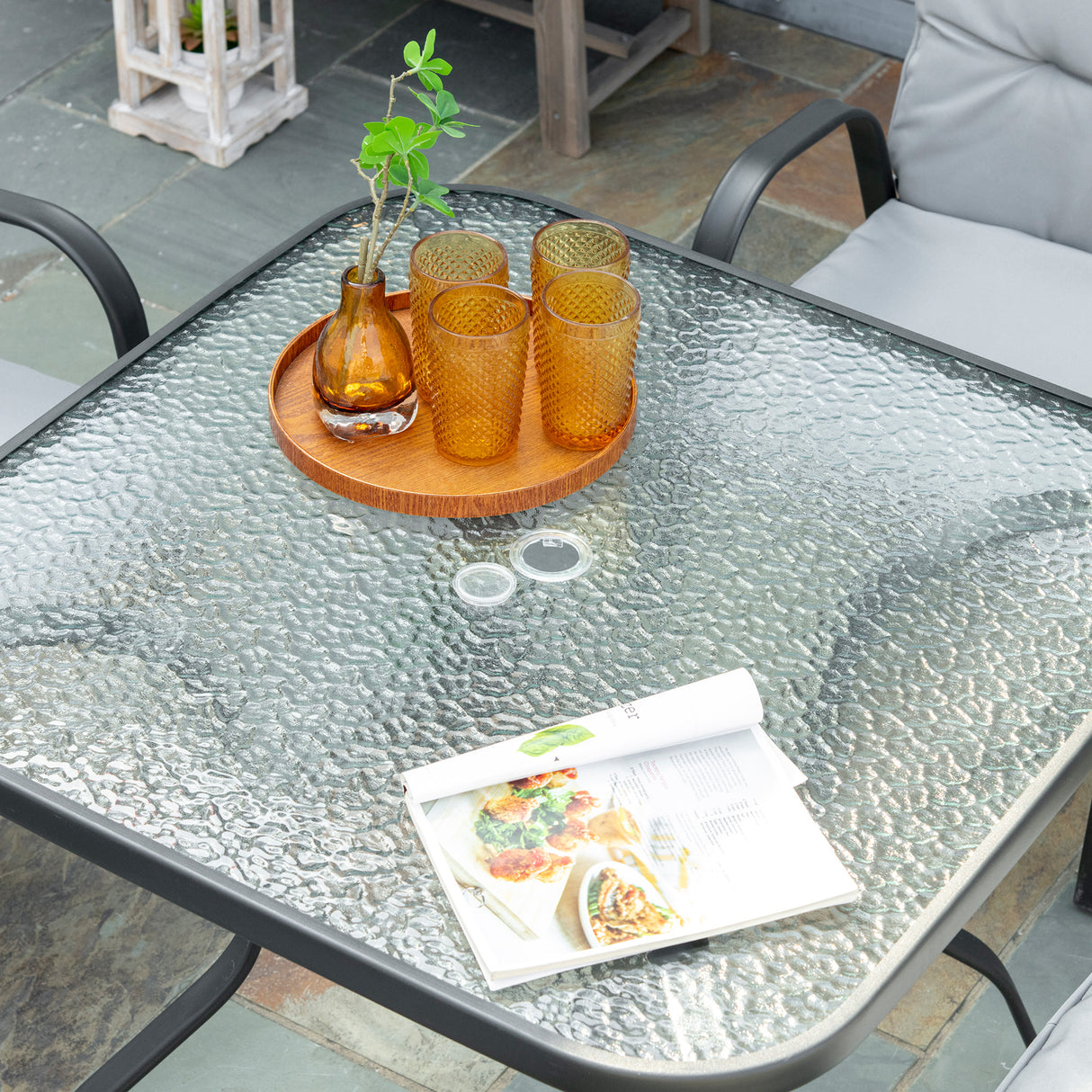Steel 5 Pieces Garden Dining Set Square With 4 Cushioned Armchairs And Umbrella Hole - Velmora