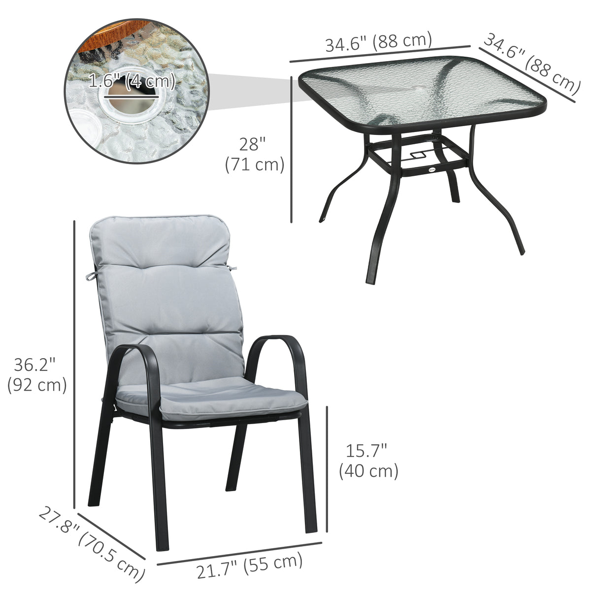 Steel 5 Pieces Garden Dining Set Square With 4 Cushioned Armchairs And Umbrella Hole - Velmora