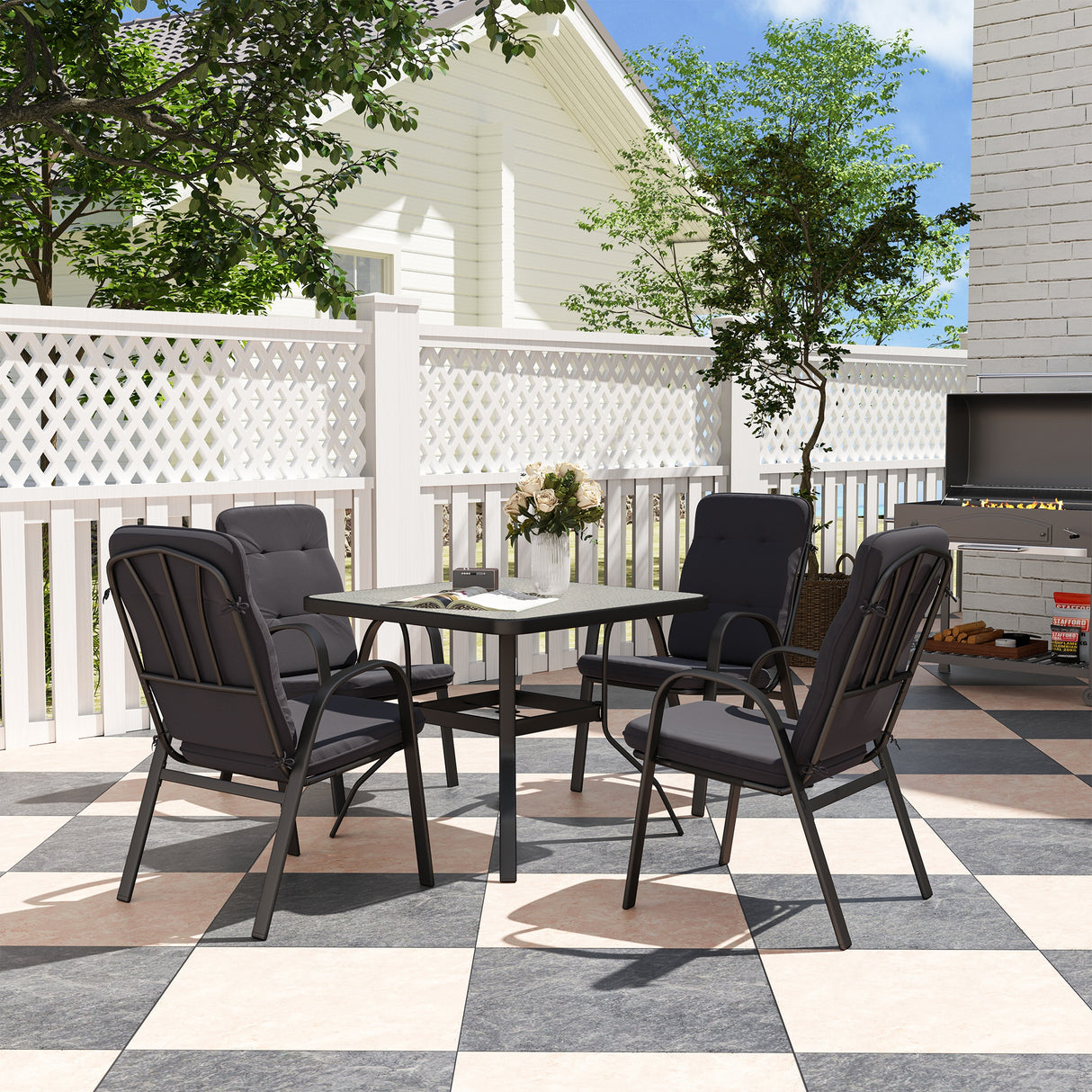 Steel 5 Pieces Garden Dining Set Square With 4 Cushioned Armchairs And Umbrella Hole - Velmora