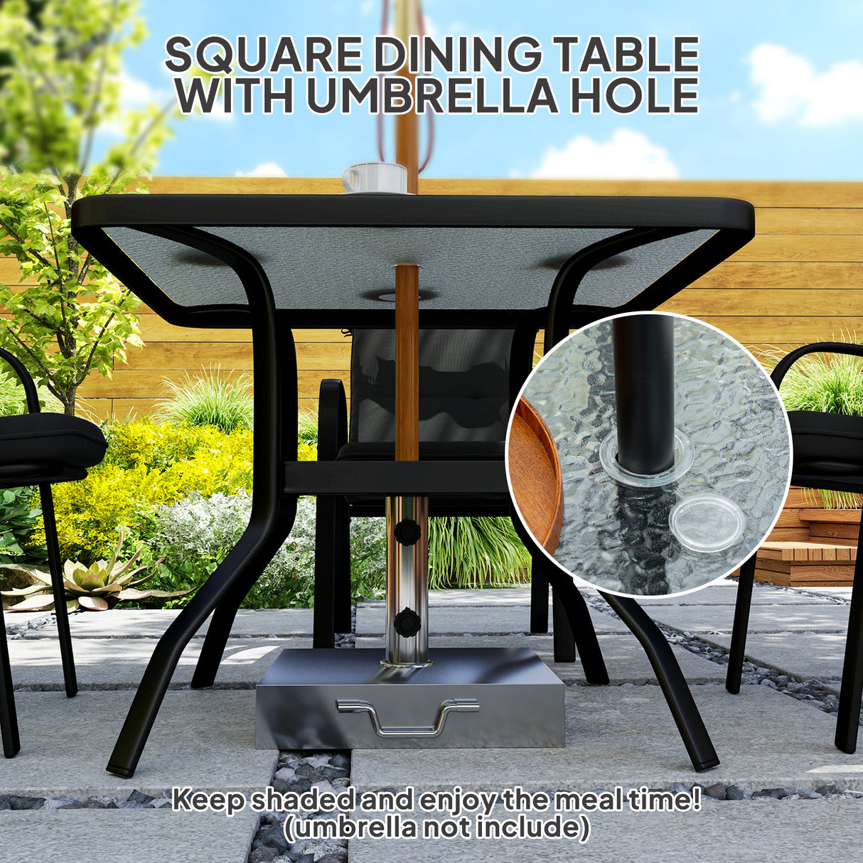 Steel 5 Pieces Garden Dining Set Square With 4 Cushioned Armchairs And Umbrella Hole - Velmora