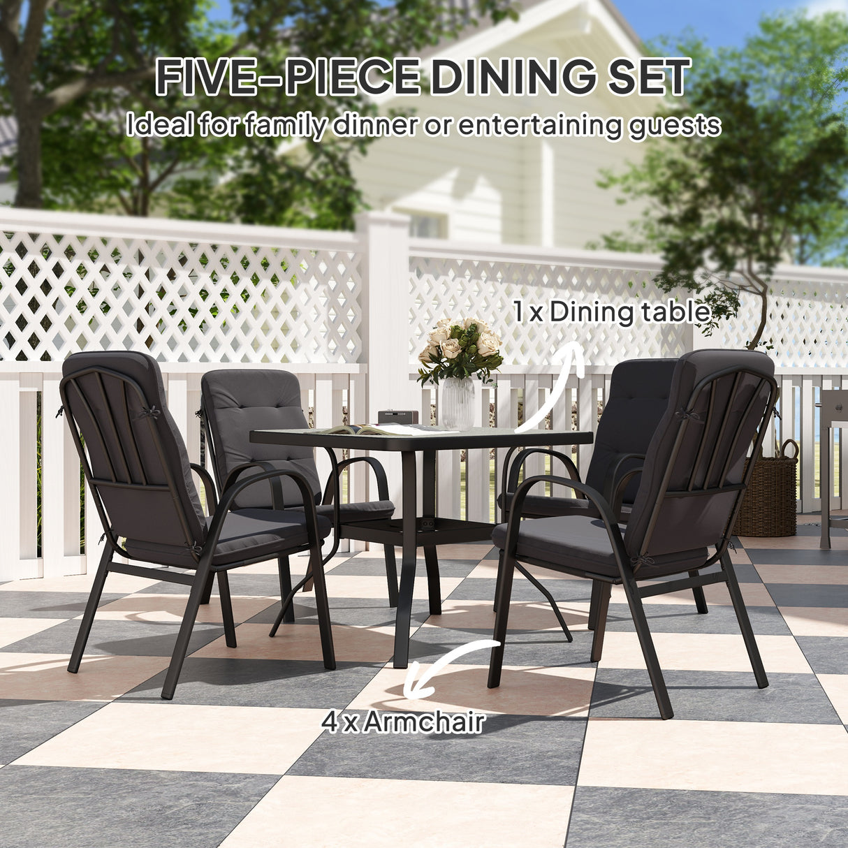 Steel 5 Pieces Garden Dining Set Square With 4 Cushioned Armchairs And Umbrella Hole - Velmora