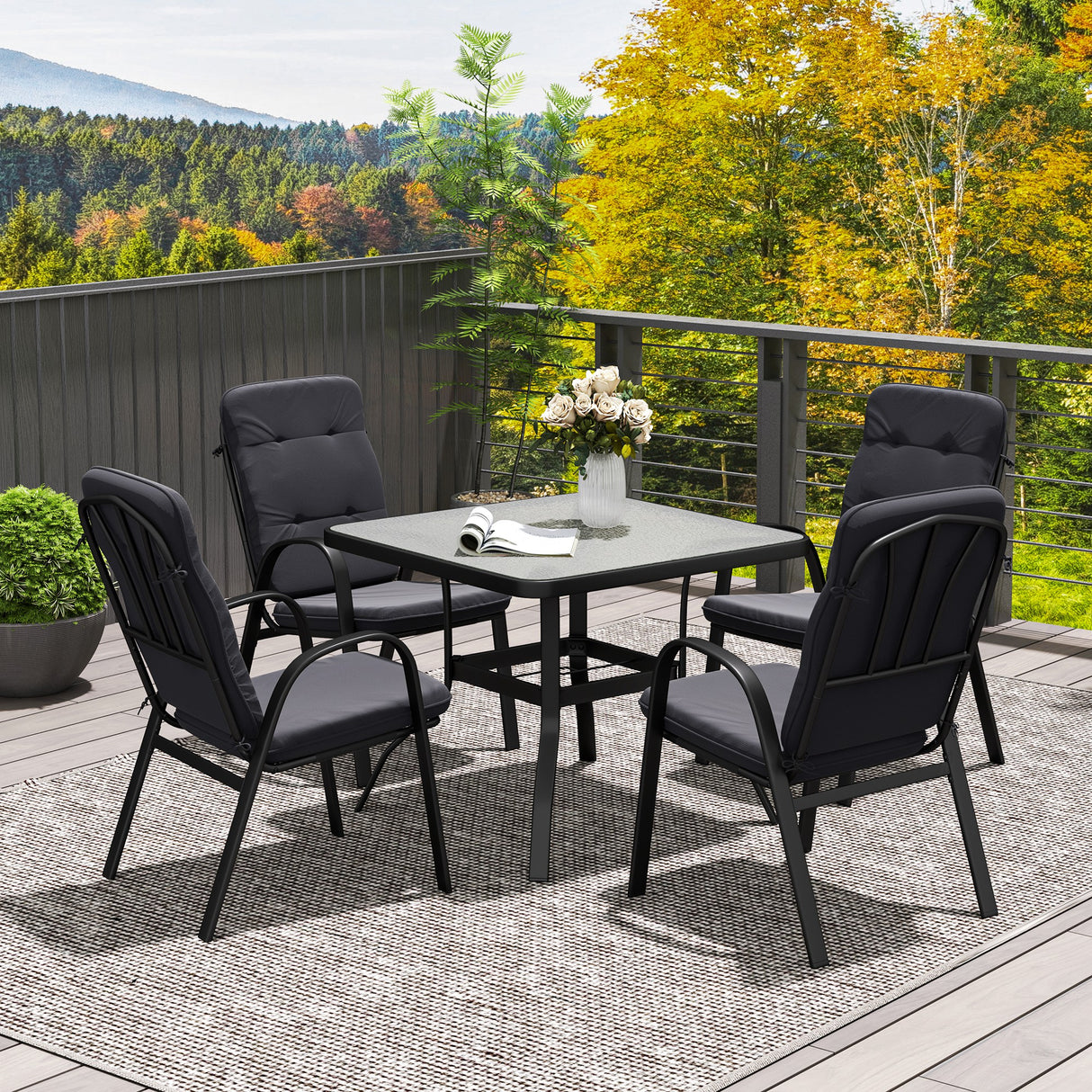 Steel 5 Pieces Garden Dining Set Square With 4 Cushioned Armchairs And Umbrella Hole - Velmora