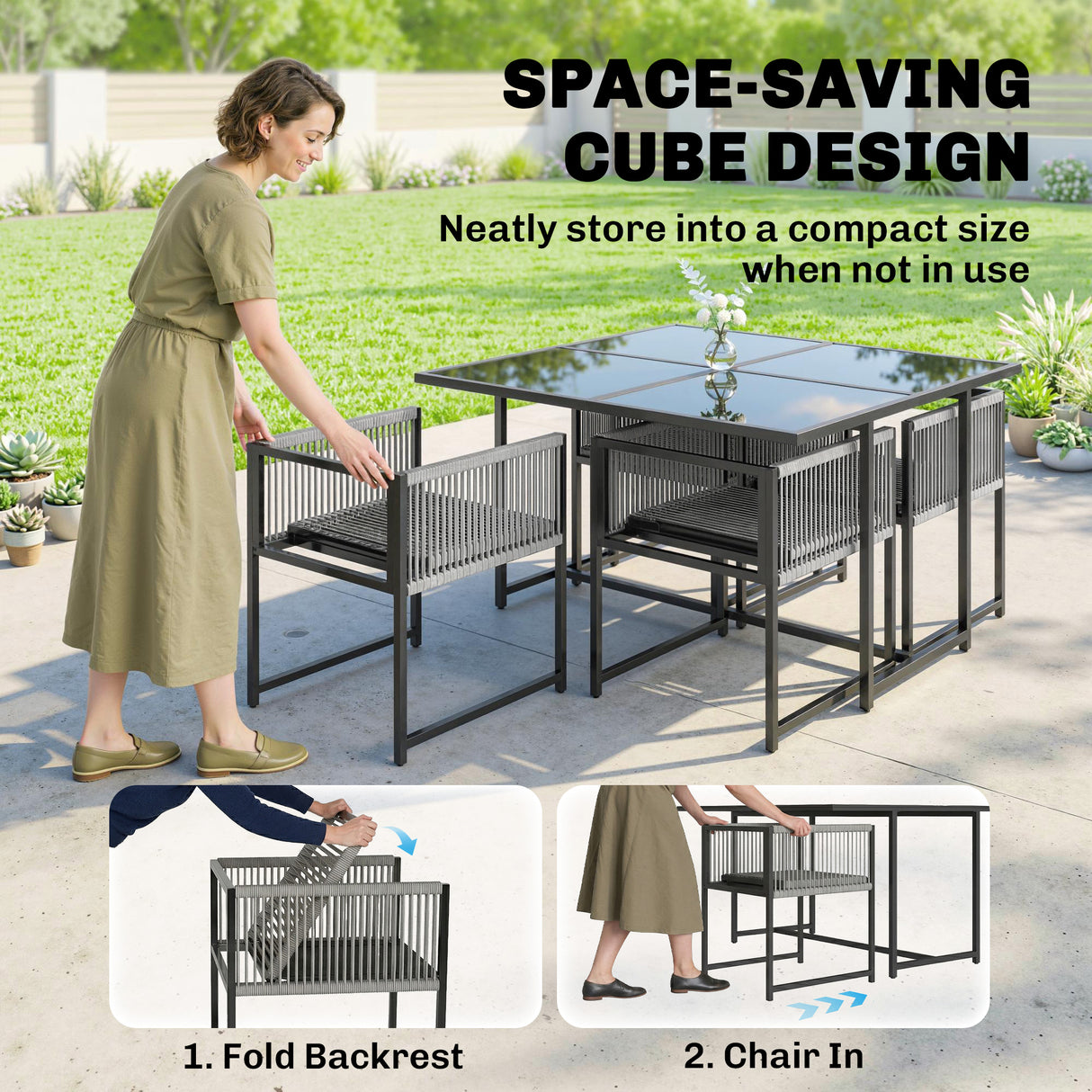 Steel 5 Pieces Garden Dining Set With Square Glass Top Table - Velmora