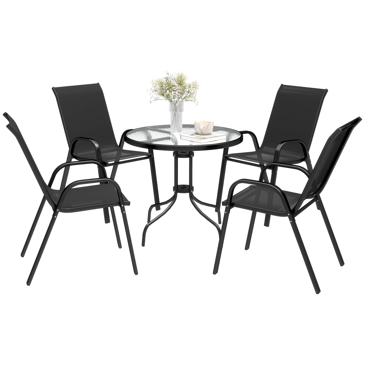 Steel 5 Pieces Patio Garden Dining Set With Glass Top Table - Velmora