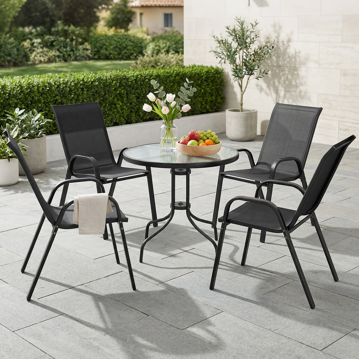 Steel 5 Pieces Patio Garden Dining Set With Glass Top Table - Velmora