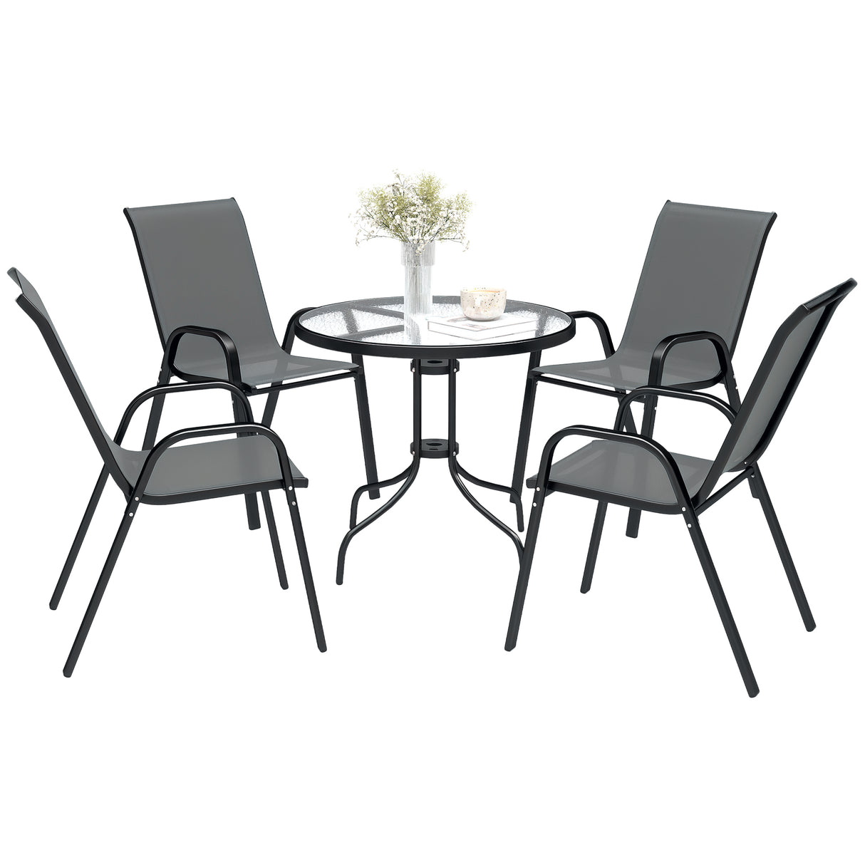 Steel 5 Pieces Patio Garden Dining Set With Glass Top Table - Velmora