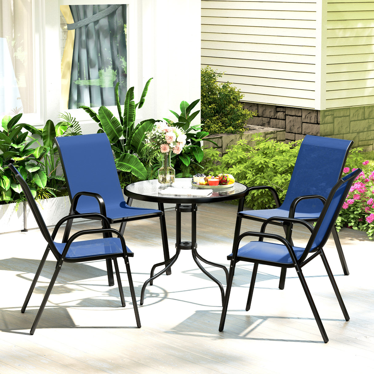 Steel 5 Pieces Patio Garden Dining Set With Glass Top Table - Velmora