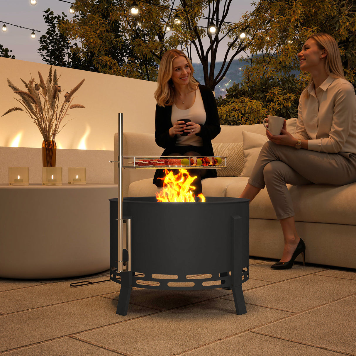 Steel 58 cm Round Portable Fire Pit With Grill Grate And Ash Catcher - Velmora