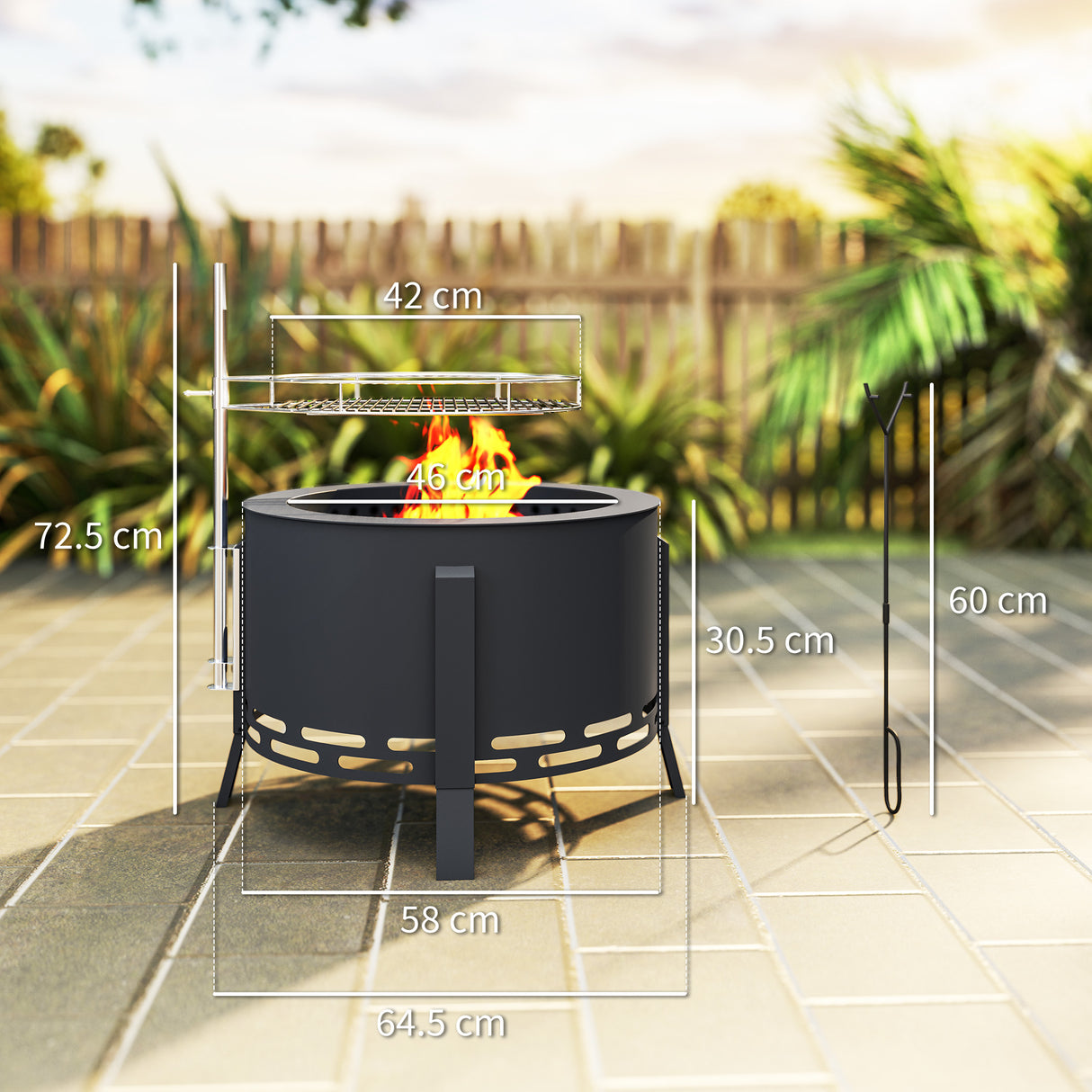 Steel 58 cm Round Portable Fire Pit With Grill Grate And Ash Catcher - Velmora