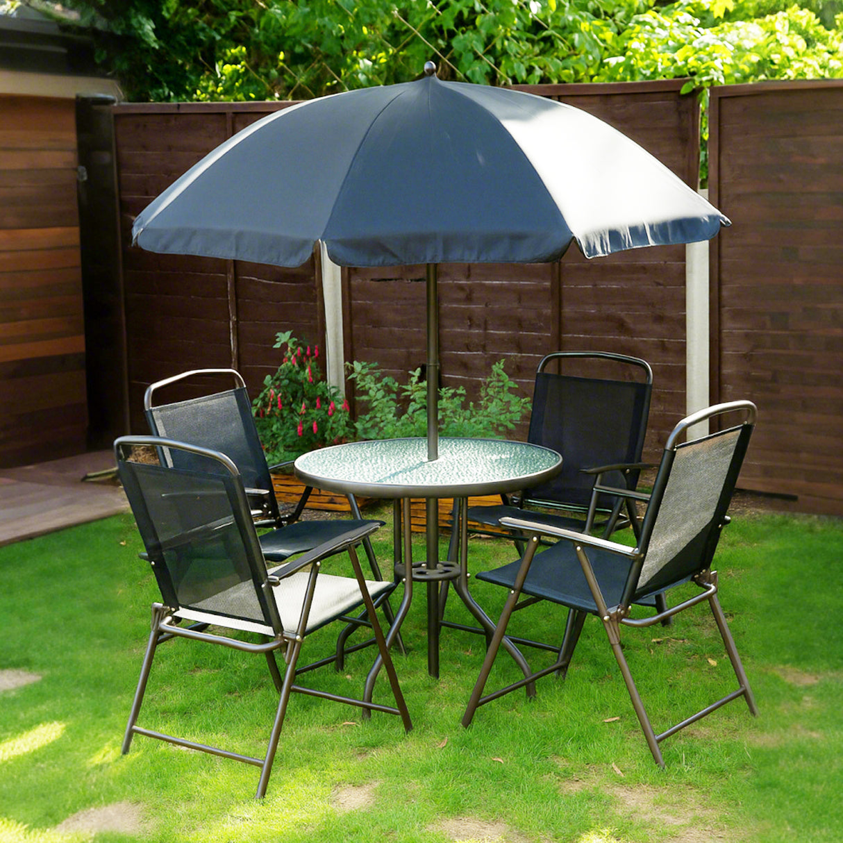 Steel 6 Pieces Patio Garden Dining Set With Folding Chairs And Parasol - Velmora