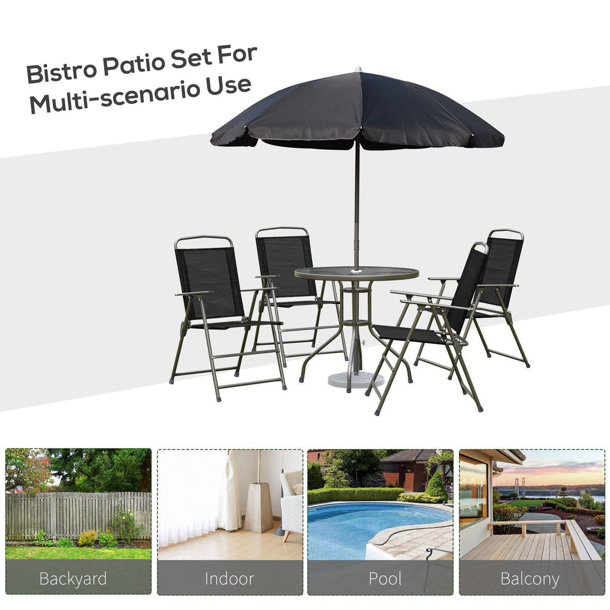 Steel 6 Pieces Patio Garden Dining Set With Folding Chairs And Parasol - Velmora