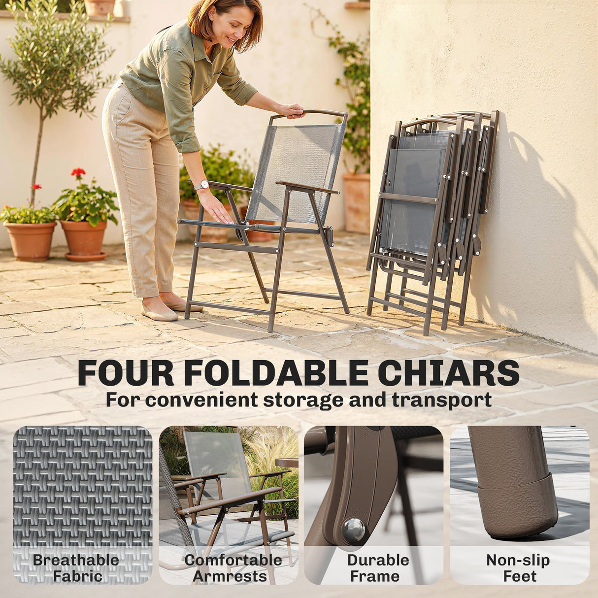Steel 6 Pieces Patio Garden Dining Set With Folding Chairs And Parasol - Velmora