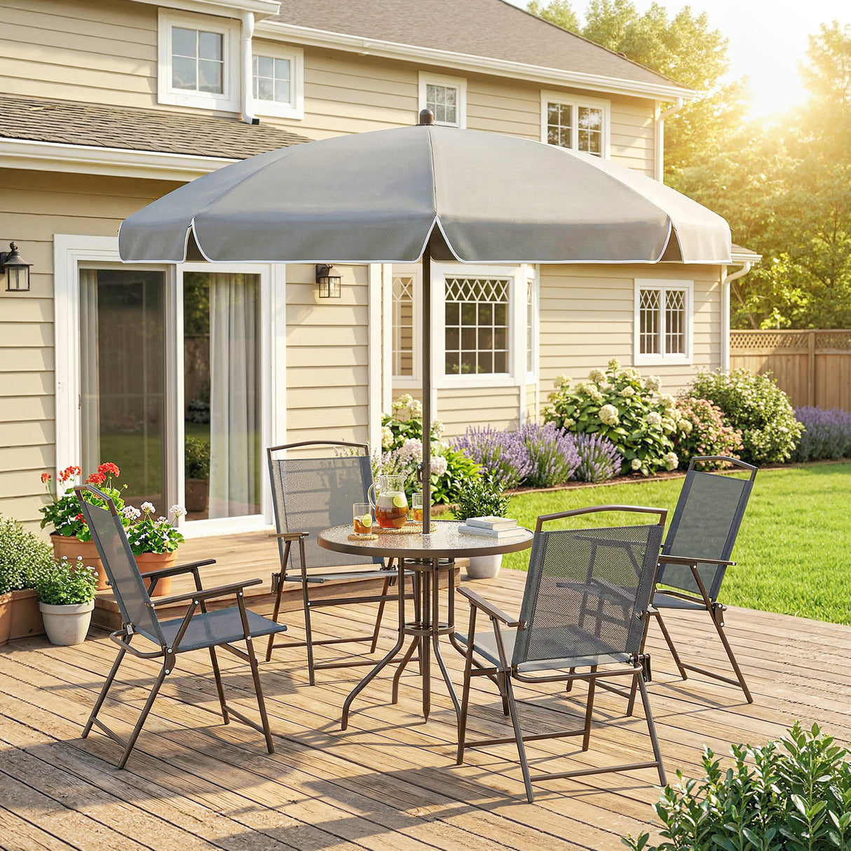 Steel 6 Pieces Patio Garden Dining Set With Folding Chairs And Parasol - Velmora