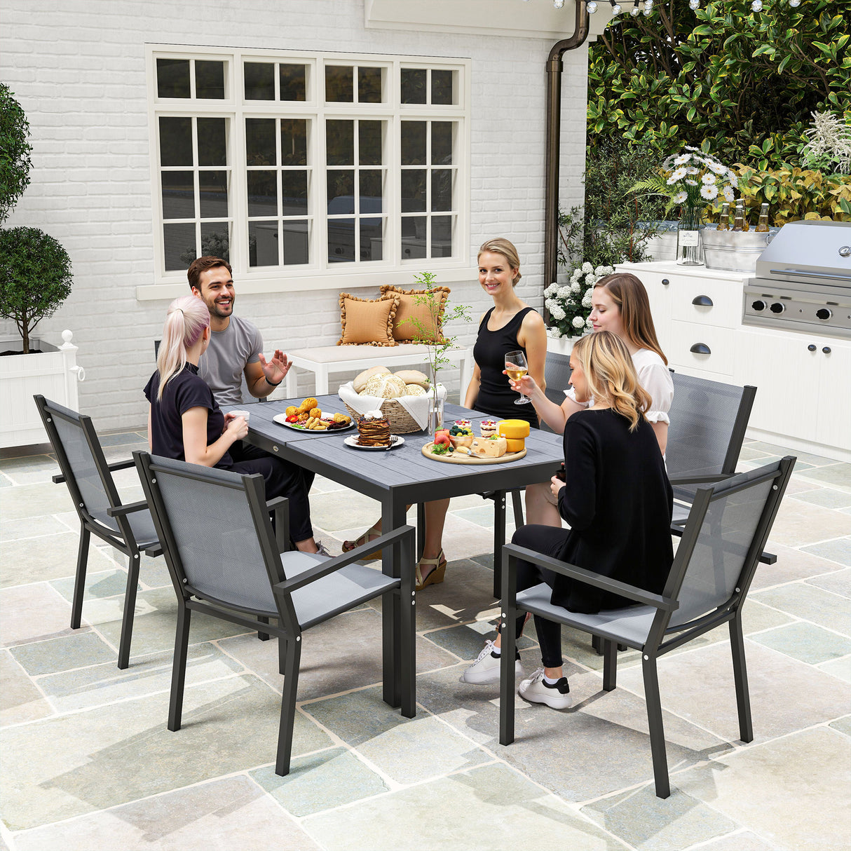 Steel 6 Seater Garden Dining Set With 150cm Wide Plastic Wood Effect Top Table - Velmora