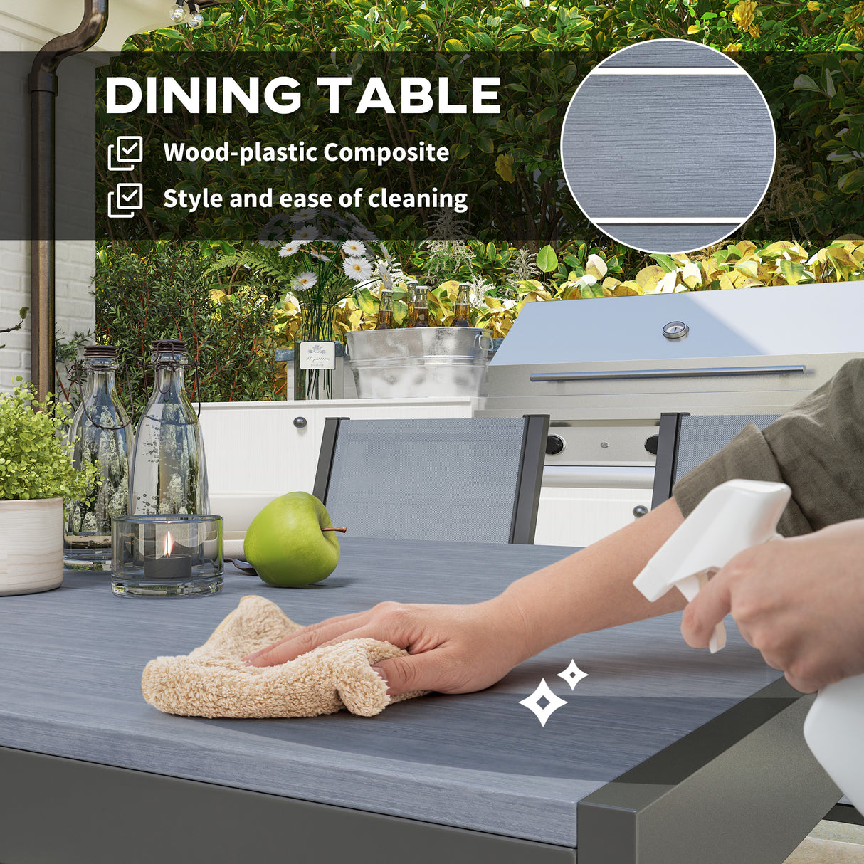 Steel 6 Seater Garden Dining Set With 150cm Wide Plastic Wood Effect Top Table - Velmora