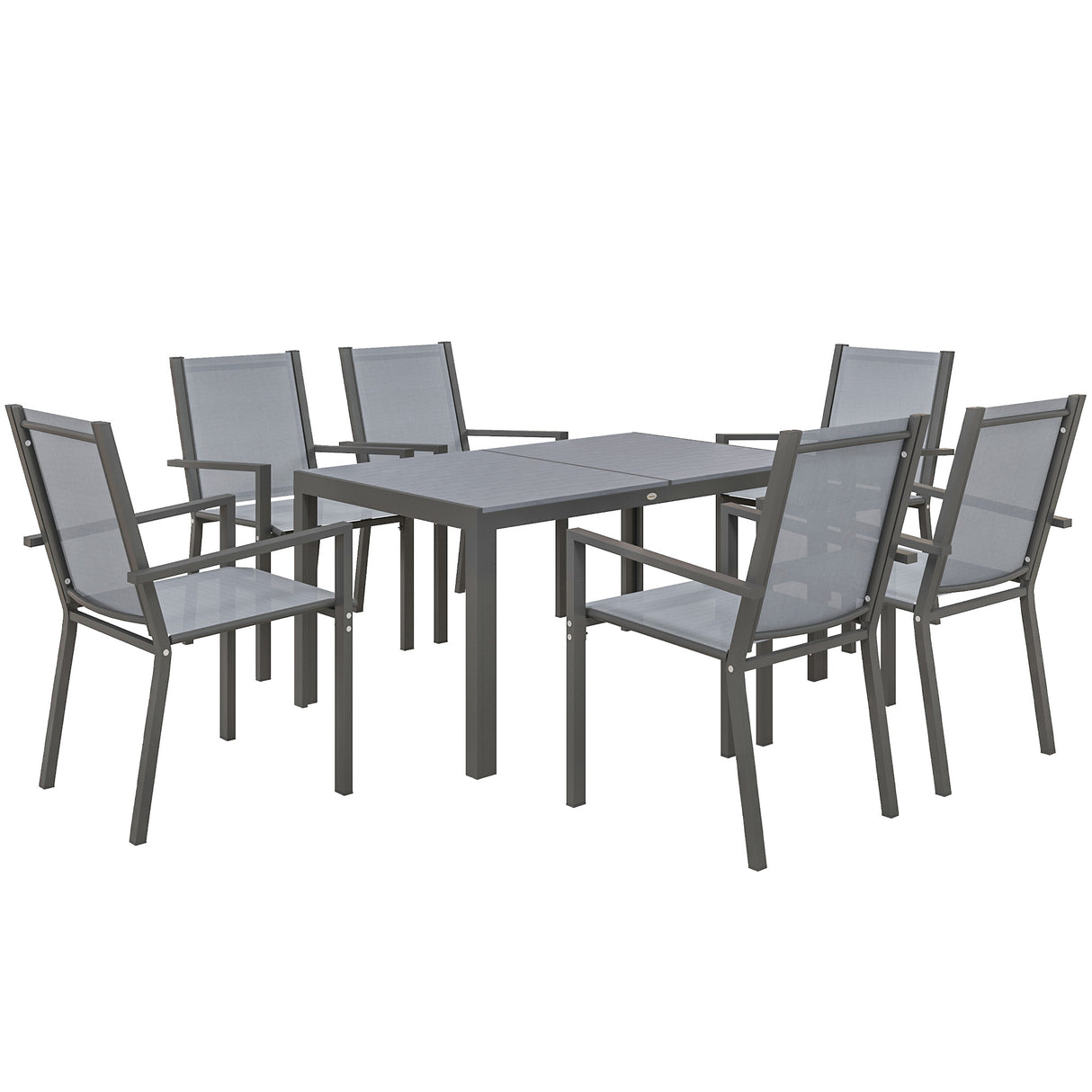 Steel 6 Seater Garden Dining Set With 150cm Wide Plastic Wood Effect Top Table - Velmora