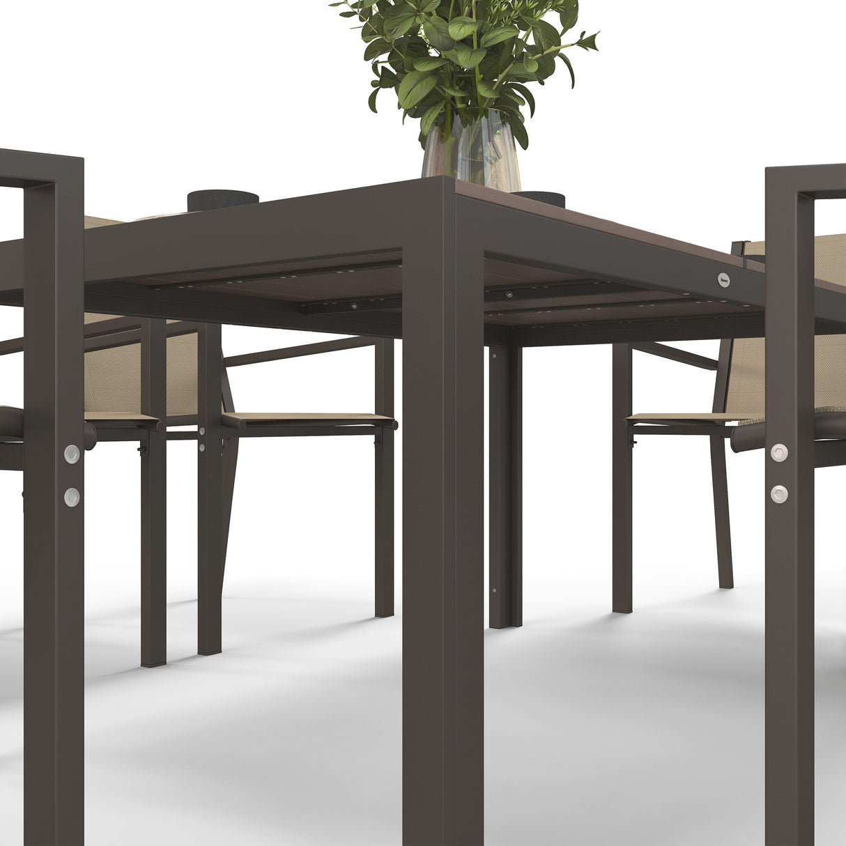 Steel 6 Seater Garden Dining Set With 150cm Wide Plastic Wood Effect Top Table - Velmora