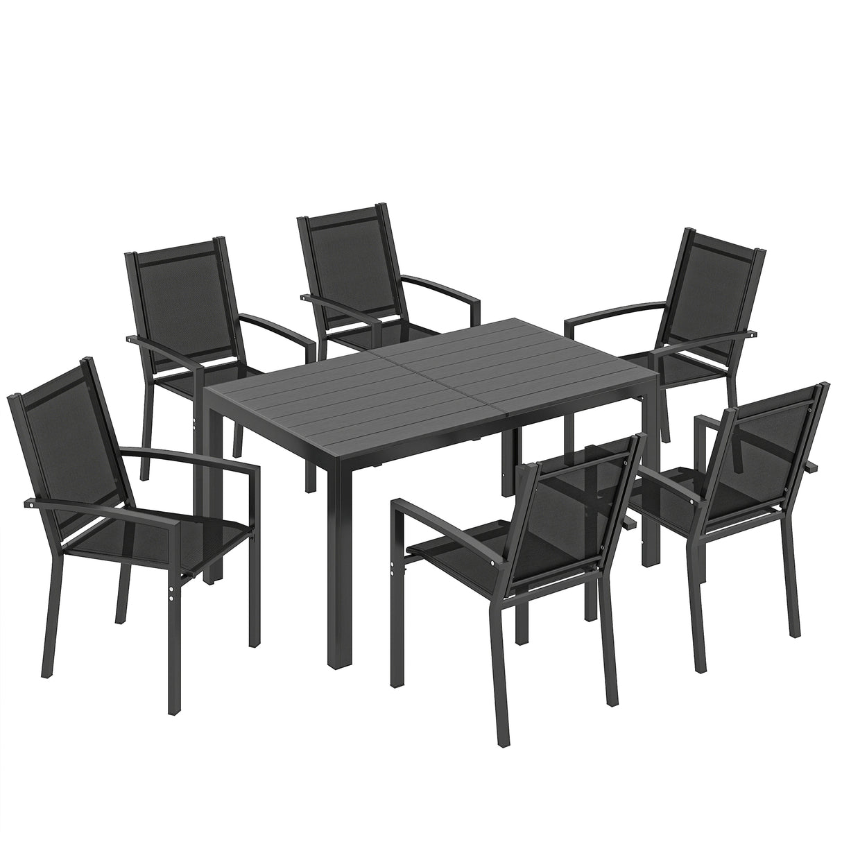 Steel 6 Seater Garden Dining Set With 150cm Wide Plastic Wood Effect Top Table - Velmora