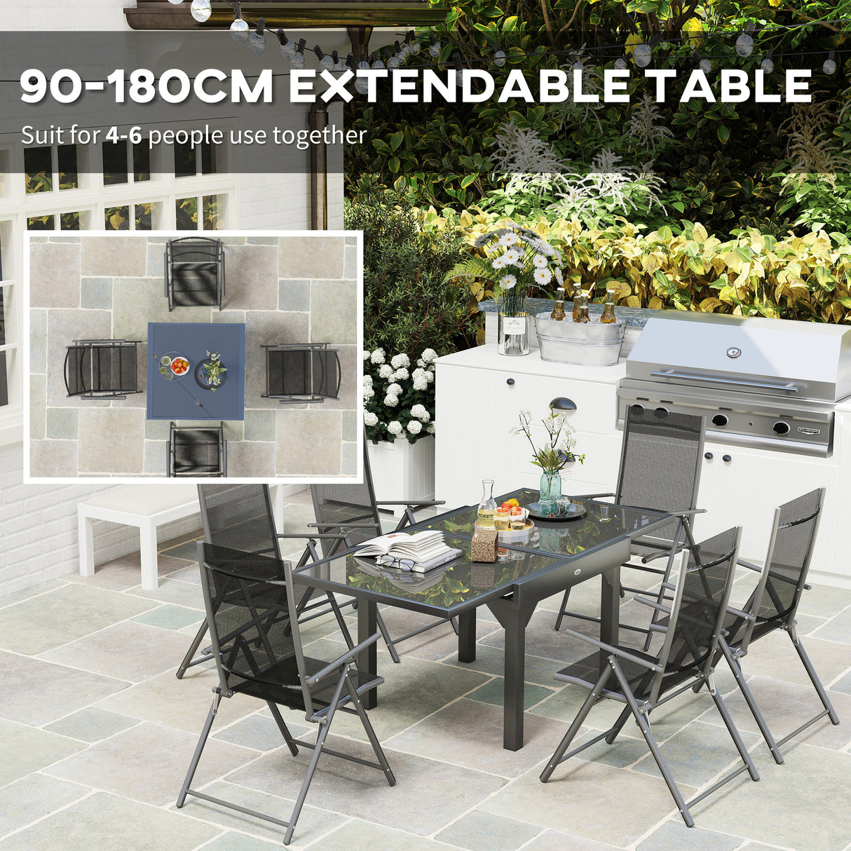 Steel 6 Seater Garden Dining Set With 180cm Wide Plastic Wood Effect Top Table - Velmora