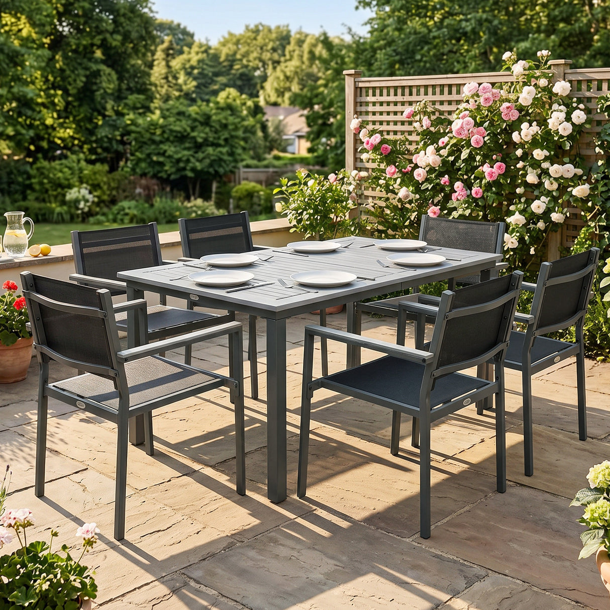 Steel 6 Seater Garden Dining Set With Acacia Wood Table And Stackable Chairs - Velmora