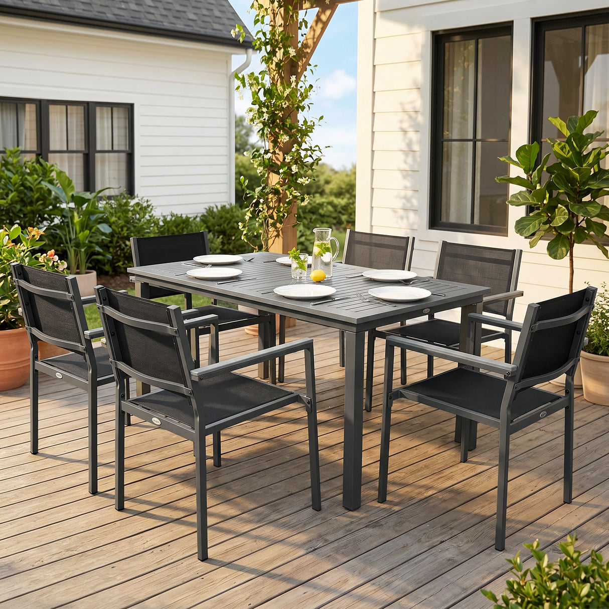 Steel 6 Seater Garden Dining Set With Acacia Wood Table And Stackable Chairs - Velmora