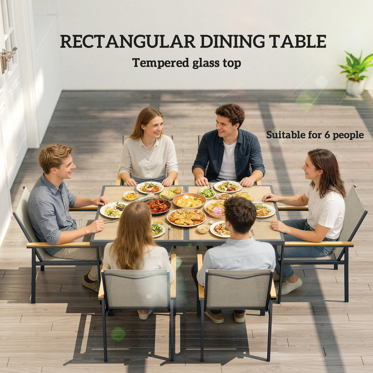 Steel 6 Seater Garden Dining Set With Glass Top Table - Velmora