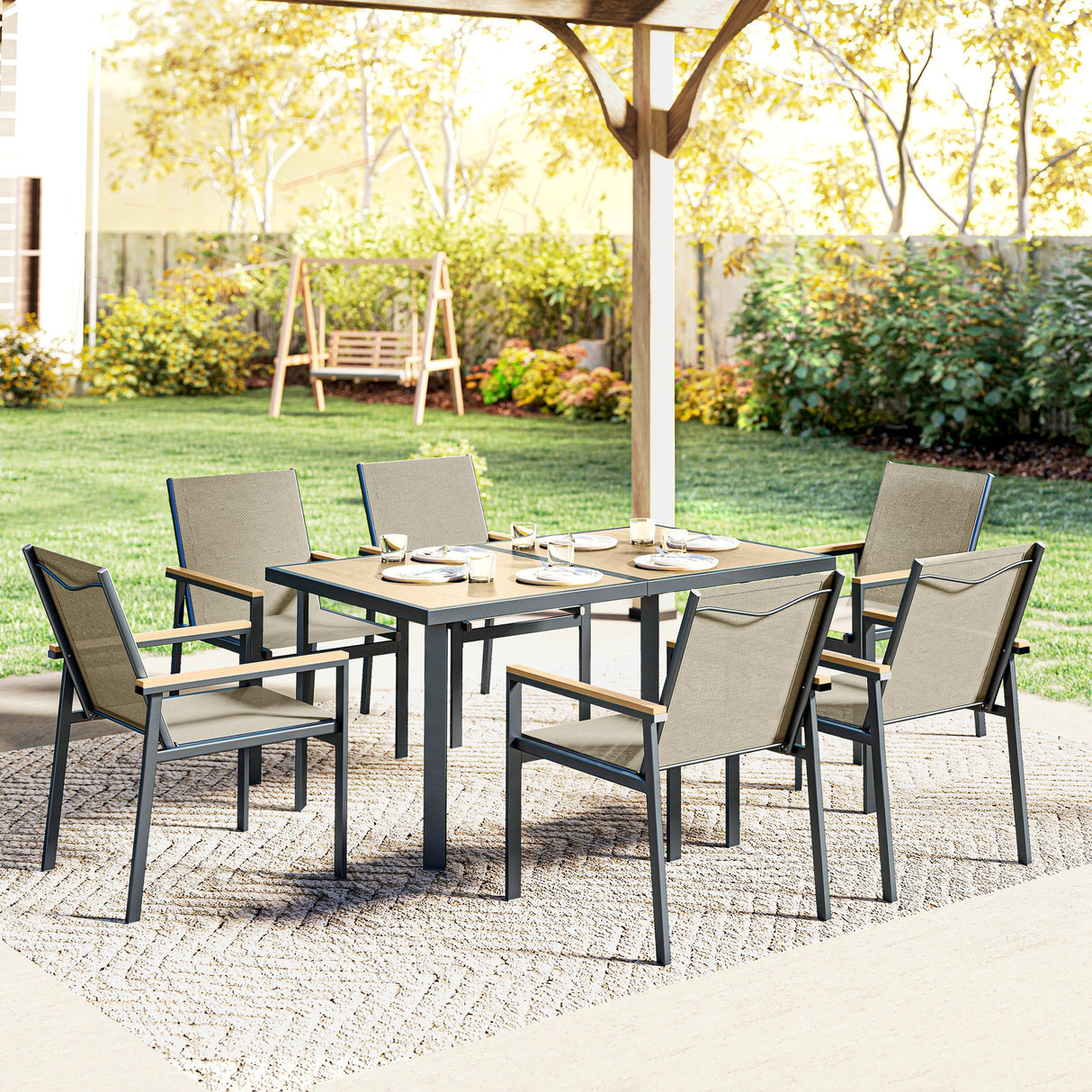 Steel 6 Seater Garden Dining Set With Glass Top Table - Velmora