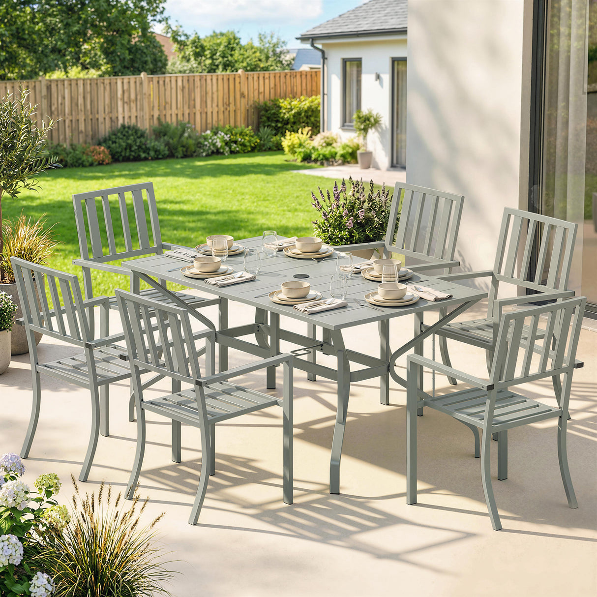 Steel 6 Seater Garden Dining Set With Parasol Hole for Poolside - Velmora