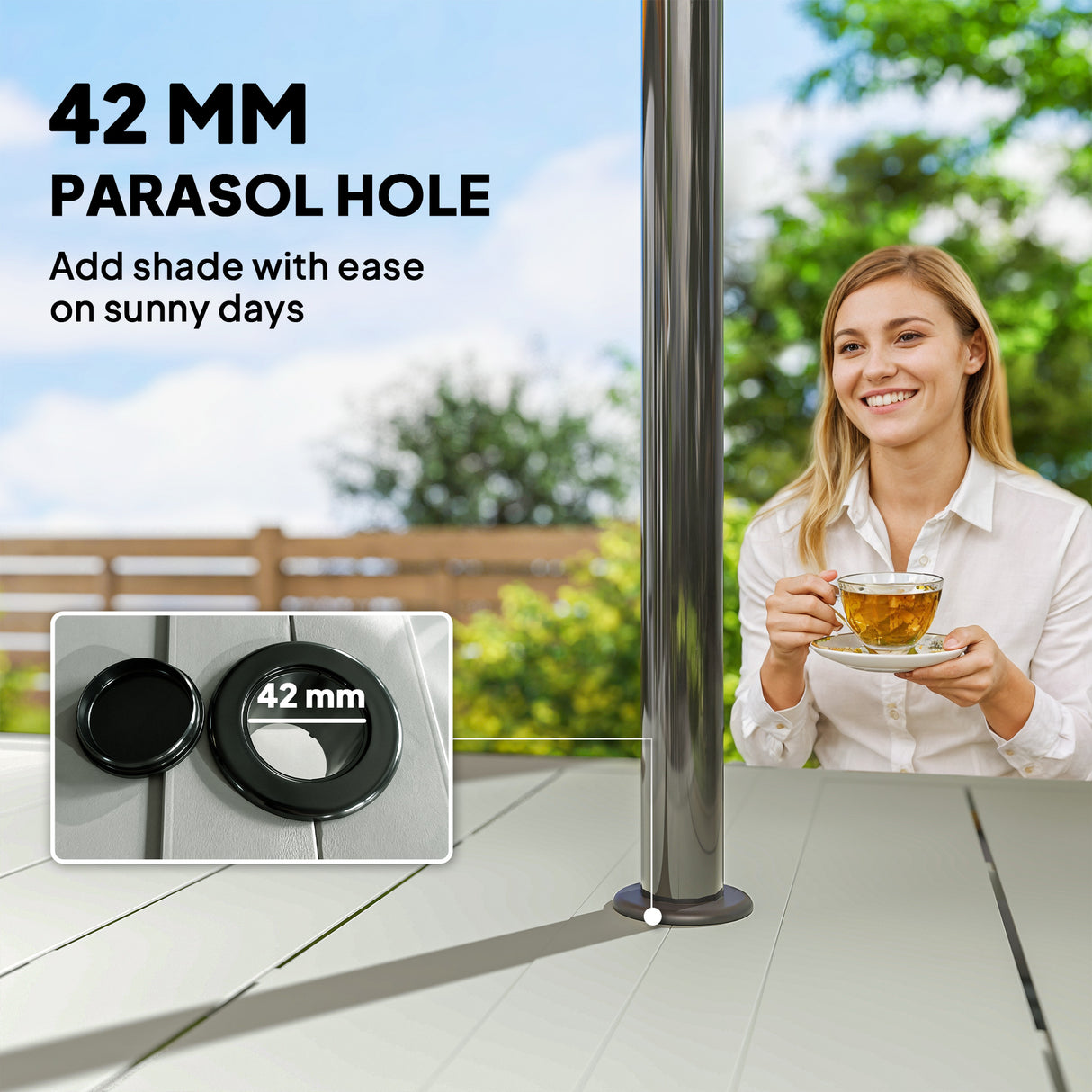 Steel 6 Seater Garden Dining Set With Parasol Hole for Poolside - Velmora